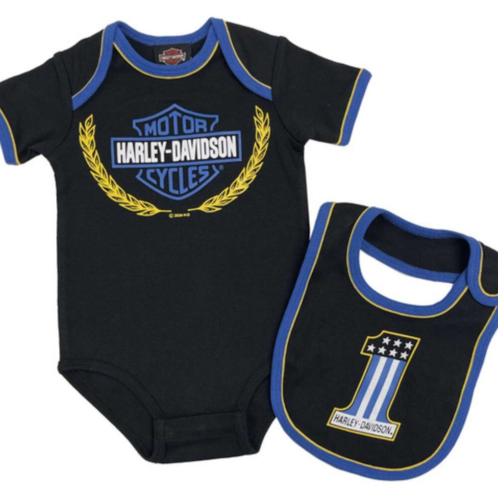 Harley-Davidson Baby Boys' Race Bar & Shield Infant Creeper & Bib Set Black